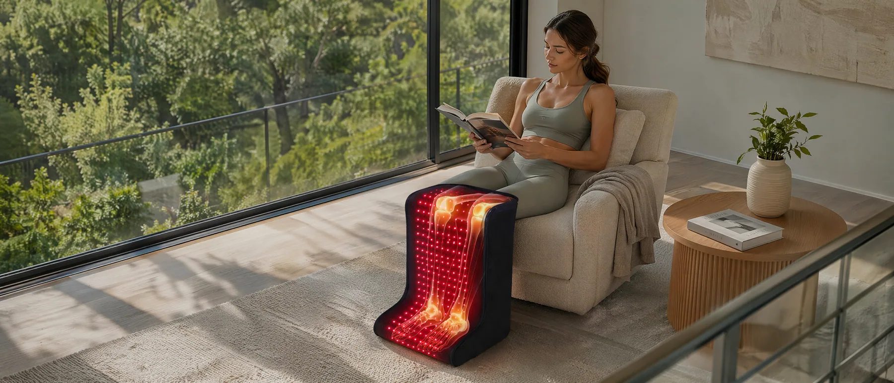 Woman using LAFCARE red light therapy for feet and legs at home